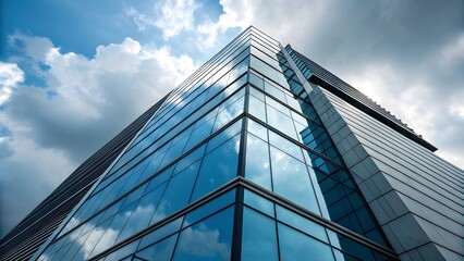 Obraz premium Modern Office Building with Glass Facade Reflecting Cloudy Sky – Contemporary Architecture