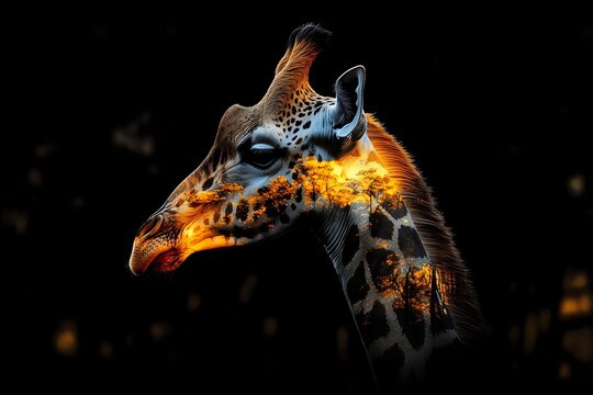 Artistic giraffe portrait with glowing fire effect and burning embers against dark background, dramatic wildlife concept art showing majestic animal head profile.