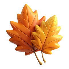 Two stylized 3d rendered autumn maple leaves in warm orange and yellow hues against a black background