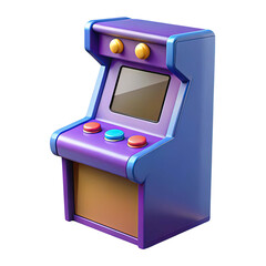 A vibrant purple and blue retro arcade game cabinet with colorful buttons and a screen isolated on transparent background