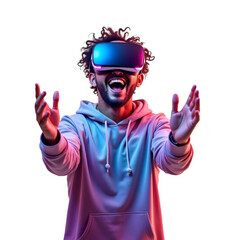 Immersive experience virtual reality headset showcasing joyful user isolated transparent background