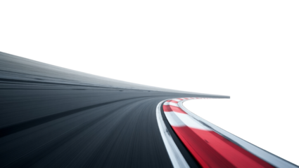 Dynamic perspective of a racetrack curve with vibrant red and white curbing at pace