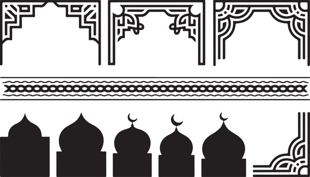 Islamic Architectural Elements - Mosque Domes, Arches, and Traditional Borders for Religious and Cultural Designs
