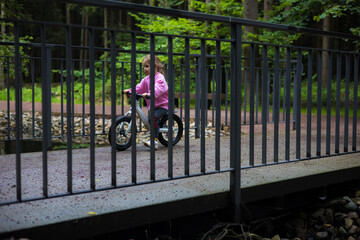 A child rides a balance bike across a picturesque bridge in a park, enjoying the thrill of being...