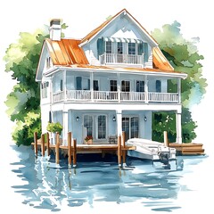 Peaceful Watercolor House on the Water with a Boat.