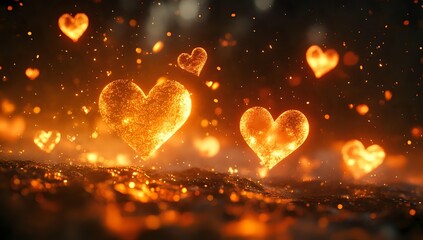 Glowing golden hearts floating in dark space with magical sparkles and bokeh lights creating romantic atmosphere for Valentine's Day or wedding design.