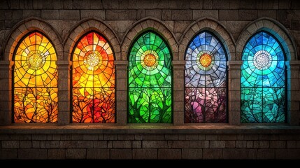 Five Vibrant Stained Glass Windows Depicting Sun, Nature, and Moon Phases Against a Dark Stone Wall