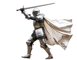 Fototapeta premium Charging Knight in Mid-Run with Raised Sword, Angled Action Pose, Isolated on Transparent Background”