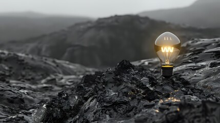 Glowing light bulb on rocky mountain terrain at dusk, selective color on warm illuminated bulb against black and white landscape background. Creative concept for innovation.