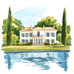 Elegant Estate with Reflecting Pool and Lush Greenery in Watercolor Style.