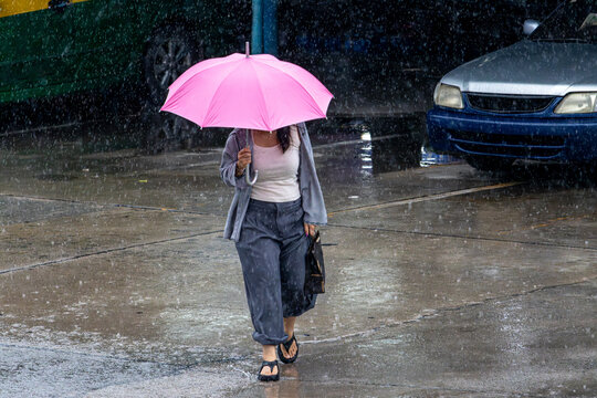 A woman walks in the rain on a wet street, carrying a pink umbrella.