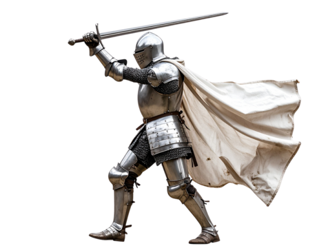 Charging Knight in Mid-Run with Raised Sword, Angled Action Pose, Isolated on Transparent Background”