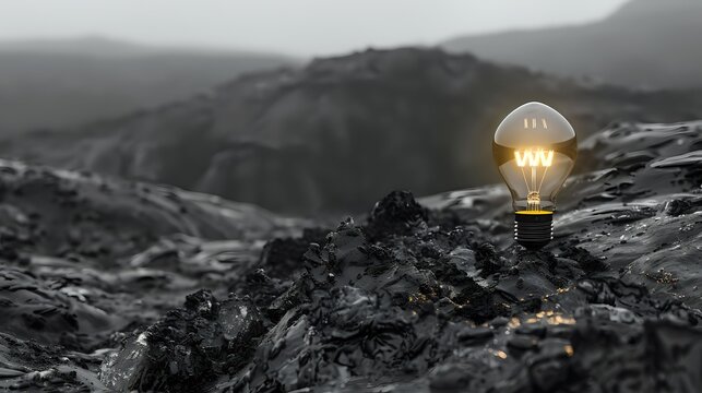 Glowing light bulb on rocky mountain terrain at dusk, selective color on warm illuminated bulb against black and white landscape background. Creative concept for innovation.