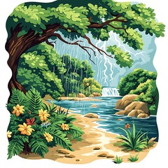 Lush Jungle Scene with Waterfall, Rain, and Flowers.