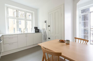 Modern luxury kitchen interior in minimal scandinavian style, 3d render
