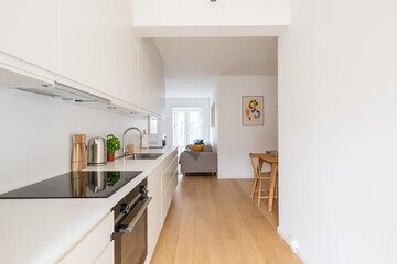 Modern luxury kitchen interior in minimal scandinavian style, 3d render