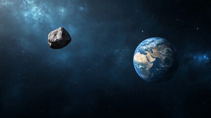 Naklejka premium Massive asteroid nearing planet earth, threatening global catastrophe, highlighting potential extinction risk and critical need for advanced planetary protection strategies