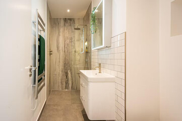 Modern bathroom interior in minimal scandinavian style, 3d render