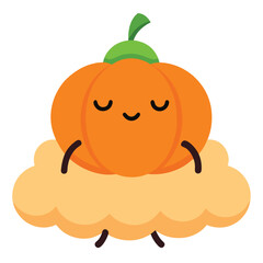 Cute cartoon pumpkin character with a friendly face sitting peacefully on a soft fluffy white cloud in a whimsical illustration