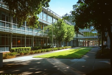Modern office buildings with glass windows and balconies, featuring a well maintained green lawn and trees, illuminated by sunlight