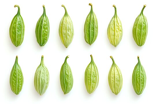 Fresh green pointed gourds arranged in neat rows on white background, isolated organic vegetables for culinary and food design projects.