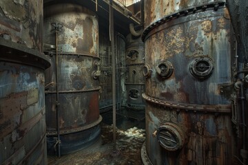 Large rusty metal tanks dominating an abandoned factory interior, showing signs of decay and neglect
