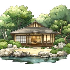 Serene Japanese Style House Beside Tranquil Water and Lush Green Trees.