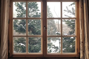 Cozy winter view of snow covered pine trees through a wooden window frame