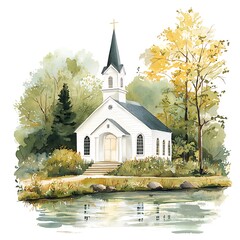 Peaceful Country Chapel by Calm Waters in Autumn Colors.