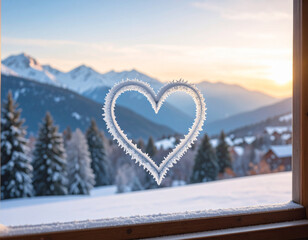 A heart traced in frost on a clear windowpane overlooking a snowy mountain range in soft light.
