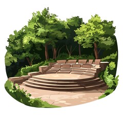 Outdoor Amphitheater Seating Area Surrounded by Lush Green Trees.