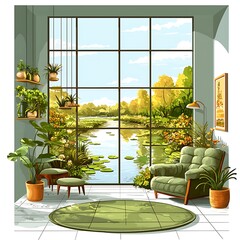 Peaceful living room with a beautiful view of nature through large windows.