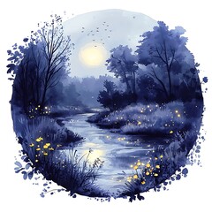 Enchanting night scene with glowing flowers by a serene moonlit river.