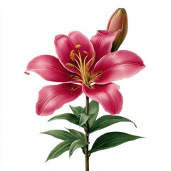 Fototapeta premium Elegant pink lily flower with green leaves and stem, isolated on white background.