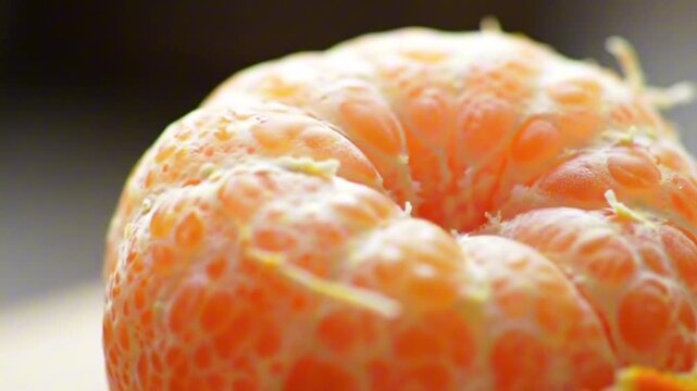 Peeled mandarin orange showcasing segmented structure and white pith fragments