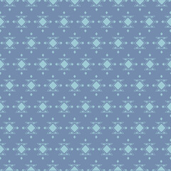 Vector seamless pattern with snowflakes in light blue diamonds and triangles on a deep blue background, perfect for modern textile applications.