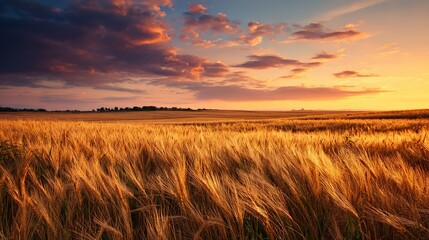 Obraz premium Golden wheat field bathed in warm sunset light under a dramatic colorful sky landscape image.