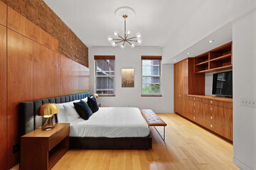 Modern luxury bedroom interior in minimal scandinavian style, 3d render
