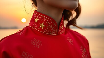 Vietnam National Day flag on silk cushion with bamboo leaves and lanterns