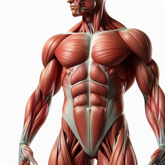 Male anatomy of muscles and tendons in a bodybuilder, detailed structure, high detail, isolated on white background