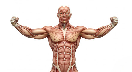 Fototapeta premium Male anatomy of muscles and tendons in a bodybuilder, detailed structure, high detail, isolated on white background