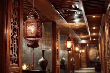Traditional chinese lanterns in elegant wooden interior corridor