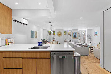 Modern luxury kitchen interior in minimal scandinavian style, 3d render