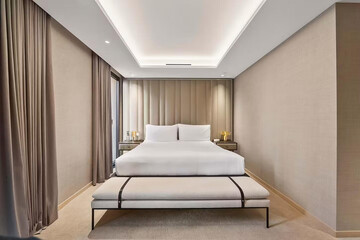 Modern luxury bedroom interior in minimal scandinavian style, 3d render
