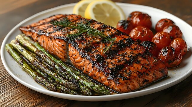 Grilled salmon fillet with charred asparagus and roasted cherry tomatoes on white plate, garnished with fresh dill and lemon slice, served on wooden surface.
