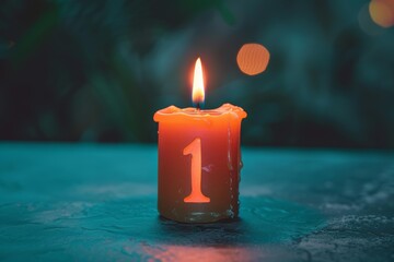 Orange candle with number one burning on dark background with bokeh effect, celebrating the first day of advent and the christmas season