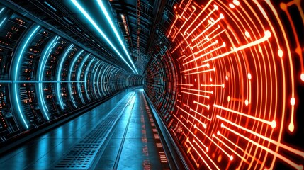 Futuristic Digital Tunnel with Glowing Blue and Red Circuits