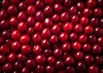 Fresh ripe red cranberries background with natural texture pattern. Close up view of whole berries showing glossy surface and rich burgundy color.