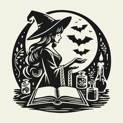 Black and white flat vector illustration of an elegant witch casting a spell over a candle. Mysterious Halloween design with magic and gothic atmosphere.