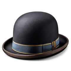 Classic black bowler hat with ribbon detail isolated on white background.